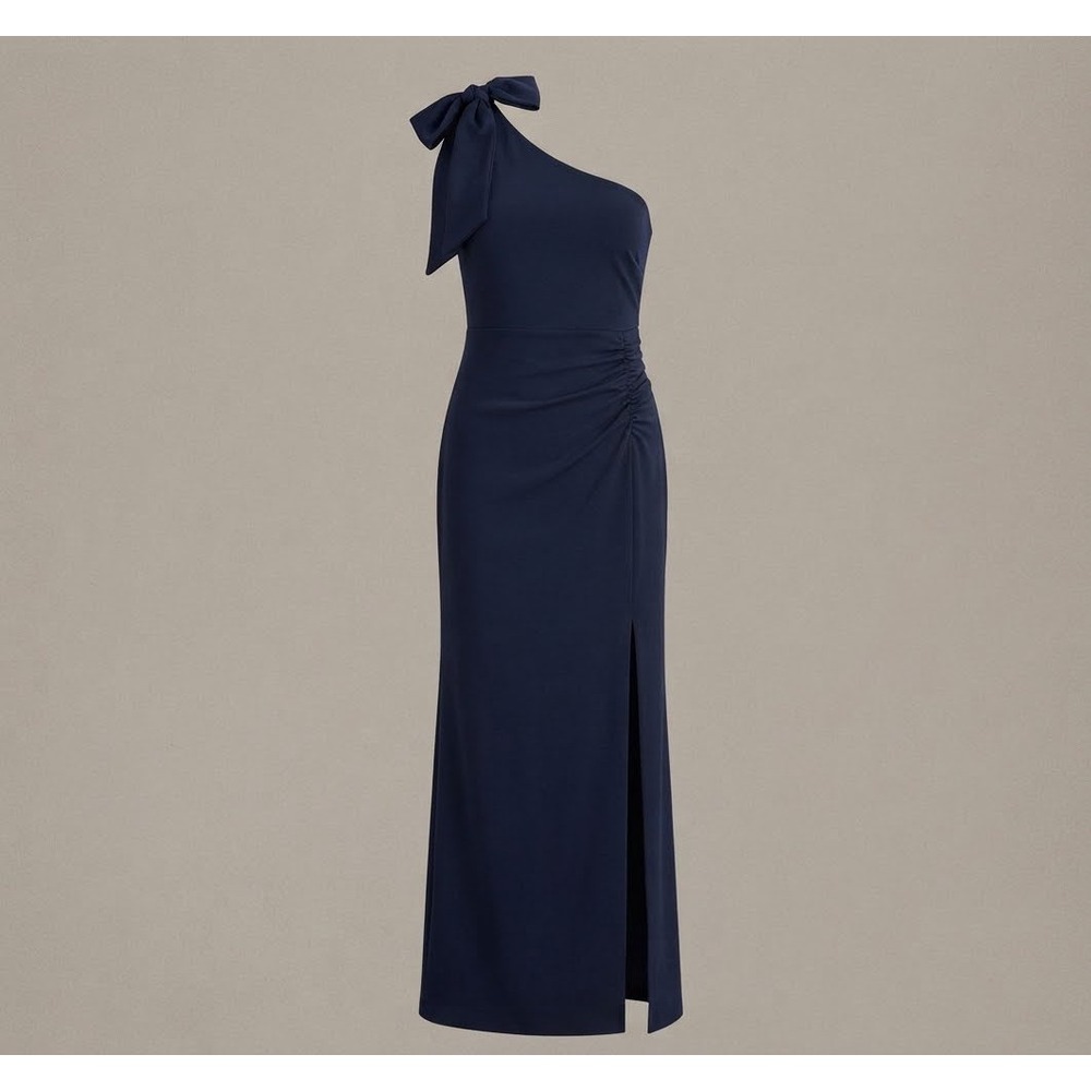 Navy Blue One Shoulder Bow Maxi Dress Ruched Side Slit Gown L Wedding Evening